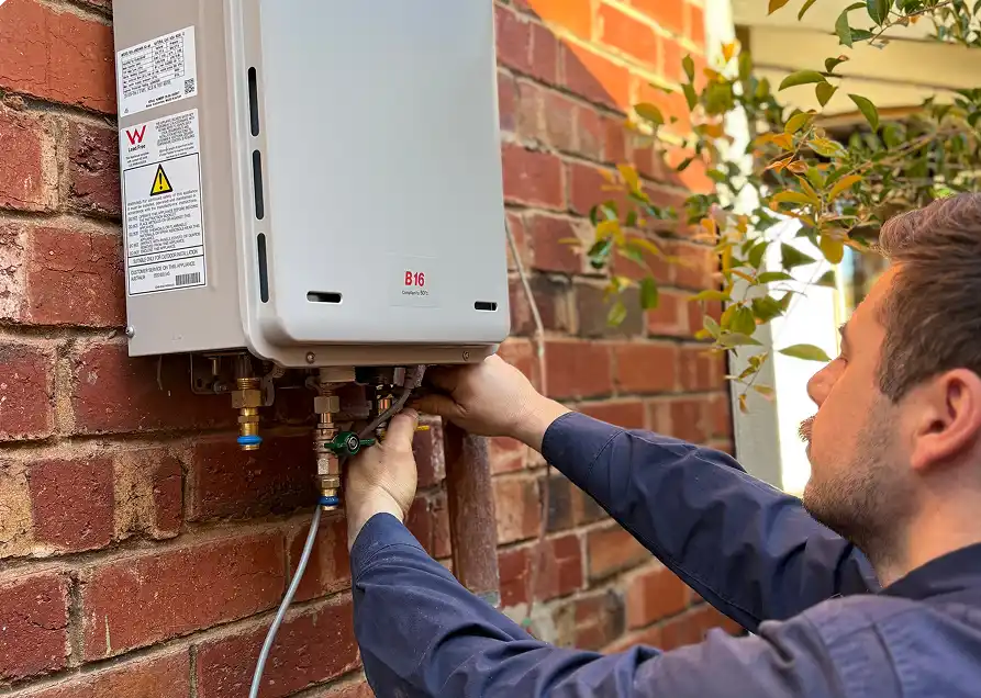 A plumber working on the water and gas connections beneath a wall-mounted continuous flow gas hot water unit fixed to a red brick wall.