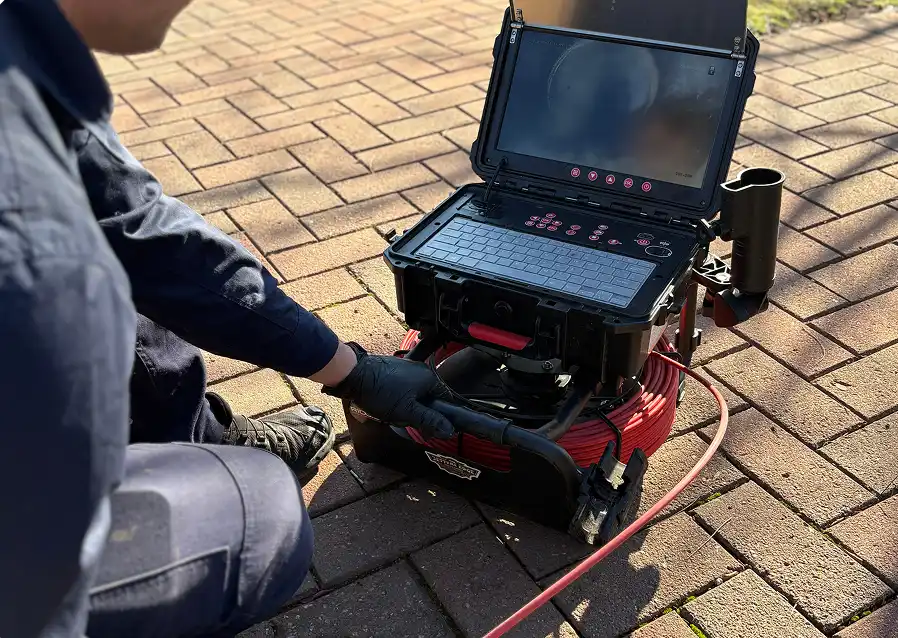 A RIDGID SeeSnake drain camera monitor and cable reel set up on brick paving, with a gloved hand feeding the camera cable in.