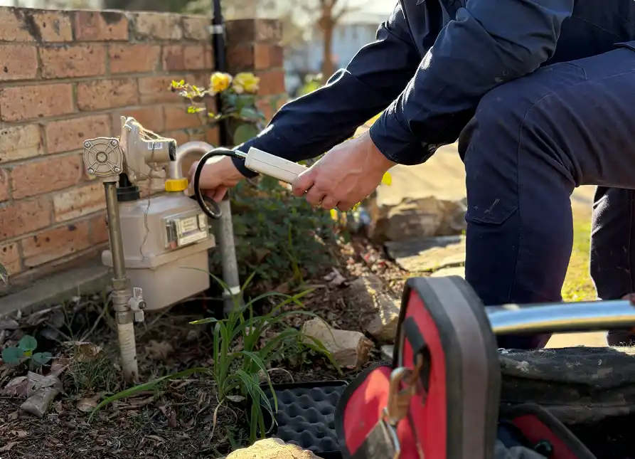 A plumber using a hand tool at a domestic gas meter mounted against a brick wall.